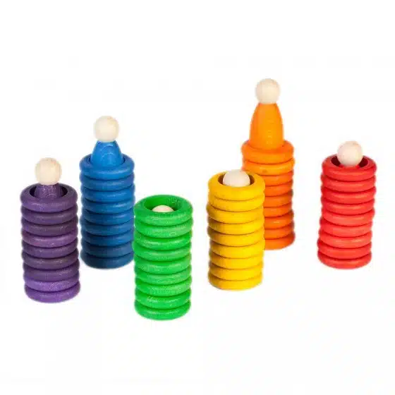 Grapat Houten Nins Poppetjes, Ringen en Munten - primaire kleuren