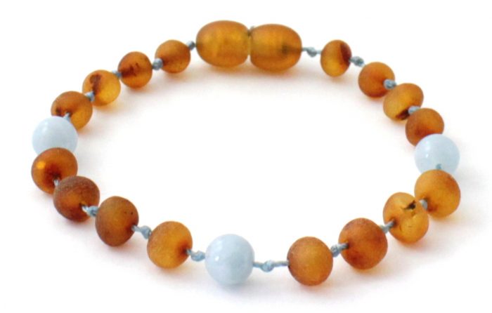 Barnsteen Baby Enkelbandje 14 cm - ongepolijst cognac amber, aquamarijn