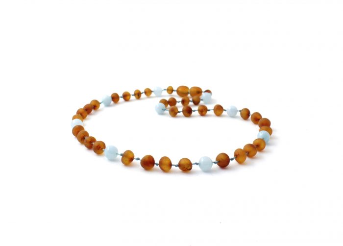 Barnsteen Peuterketting 32 cm - ongepolijst cognac amber, aquamarijn - Afbeelding 2