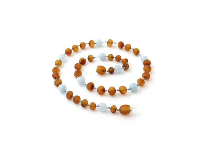 Barnsteen Kinderketting 36 cm - ongepolijst cognac amber, aquamarijn