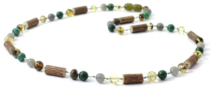 Barnsteen Volwassen Ketting 45 cm - Green Amber, Afrikaanse Jade, Labradoriet, Hazelwood - Afbeelding 2