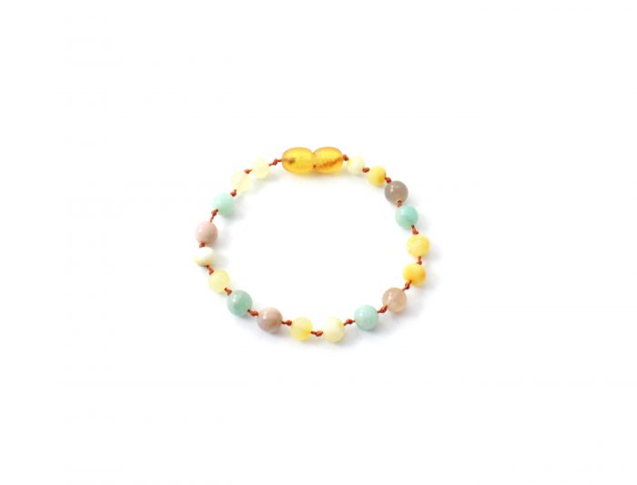 Barnsteen Volwassen Armband 18 cm - ongepolijst milky amber, amazoniet, zonnesteen