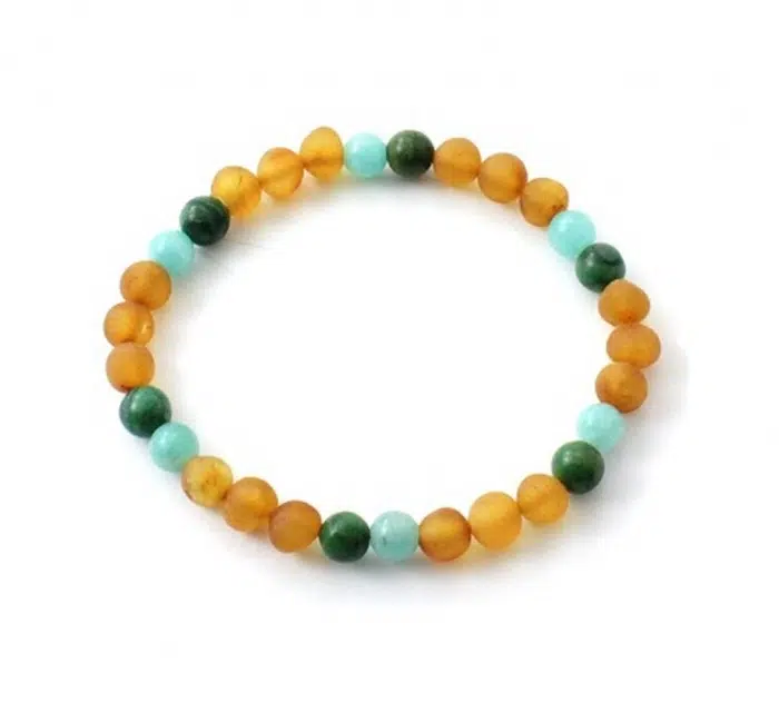 Barnsteen Volwassen Stretch Armband 18 cm - ongepolijst honey amber, amazoniet, afrikaanse jade - Afbeelding 2