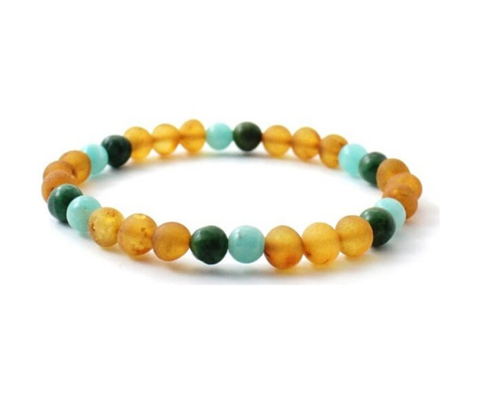 Barnsteen Volwassen Stretch Armband 20 cm - ongepolijst honey amber, amazoniet, afrikaanse jade