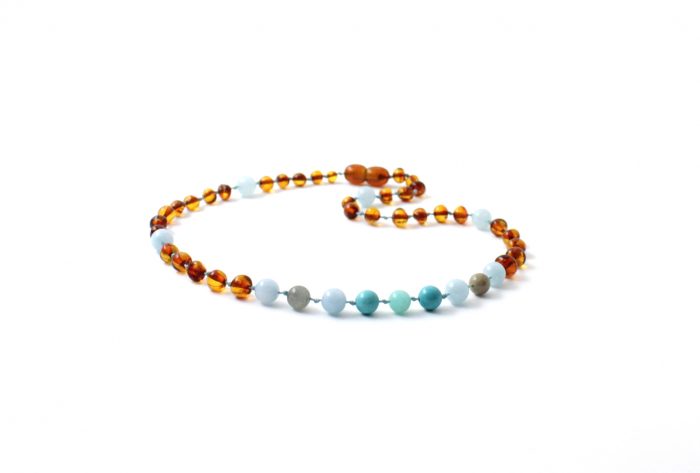 Barnsteen Volwassen Ketting 45 cm - Cognac Amber, Aquamarijn, Labradoriet, Turquoise, Amazoniet