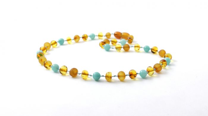 Barnsteen Peuterketting 32 cm - Ongepolijste en Gepolijste Honey Amber met Amazoniet