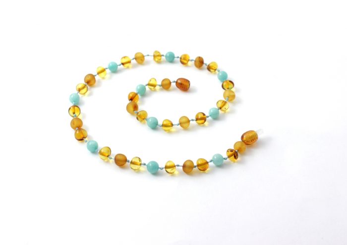Barnsteen Peuterketting 32 cm - Ongepolijste en Gepolijste Honey Amber met Amazoniet - Afbeelding 2