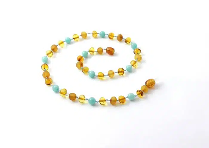 Barnsteen Peuterketting 32 cm - Ongepolijste en Gepolijste Honey Amber met Amazoniet - Afbeelding 2
