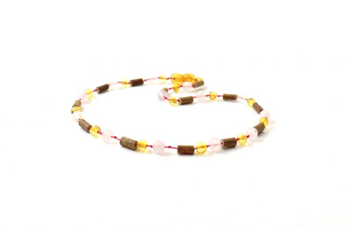 Barnsteen Babyketting 28 cm - Honey Amber, Hazelwood, Rozenkwarts