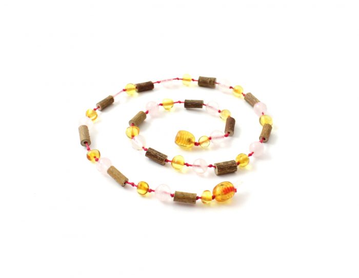Barnsteen Babyketting 28 cm - Honey Amber, Hazelwood, Rozenkwarts - Afbeelding 2