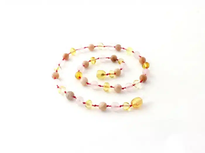 Barnsteen Volwassen Ketting 45 cm - Lemon Amber, Rozenkwarts, Zonnesteen - Afbeelding 2