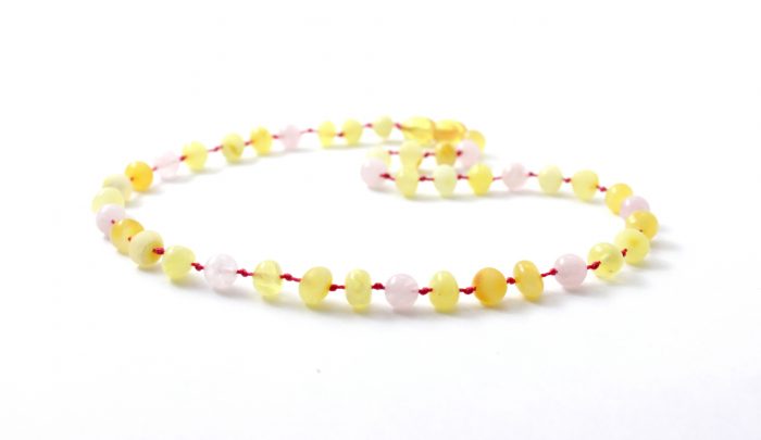 Barnsteen Peuterketting 32 cm - Gepolijste en Ongepolijste Milky Amber met Rozenkwarts