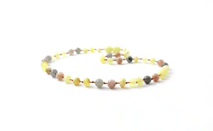Barnsteen Peuterketting 32 cm - Milky Amber, Zonnesteen, Labradoriet