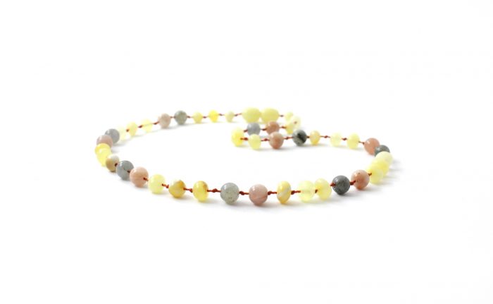 Barnsteen Kinderketting 36 cm - Gepolijste en Ongepolijste Milky Amber, Zonnesteen, Labradoriet