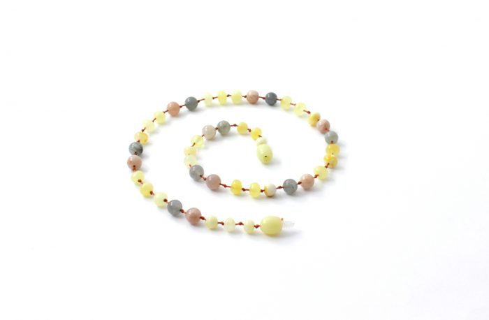 Barnsteen Kinderketting 36 cm - Gepolijste en Ongepolijste Milky Amber, Zonnesteen, Labradoriet - Afbeelding 2