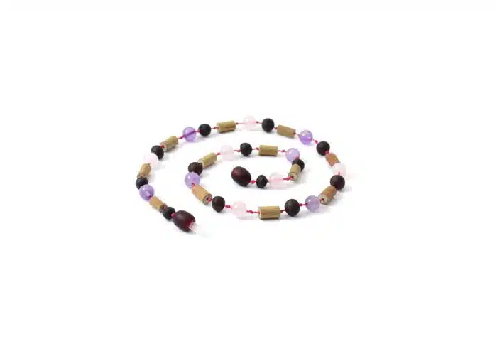 Barnsteen Kinderketting 36 cm - ongepolijste cherry amber, rozenkwarts, amethist, hazelwood - Afbeelding 2