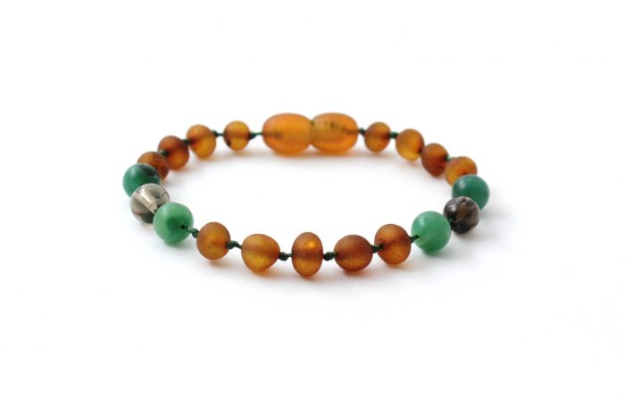 Barnsteen Baby Armbandje 14 cm - ongepolijst cognac amber, rookkwarts, afrikaanse jade