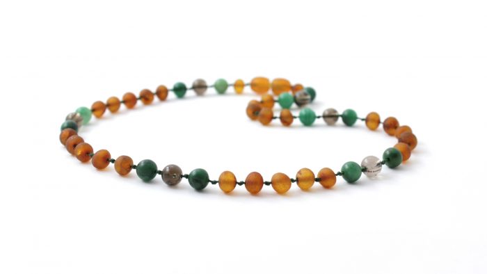 Barnsteen Peuterketting 32 cm - ongepolijst cognac amber, rookkwarts, afrikaanse jade