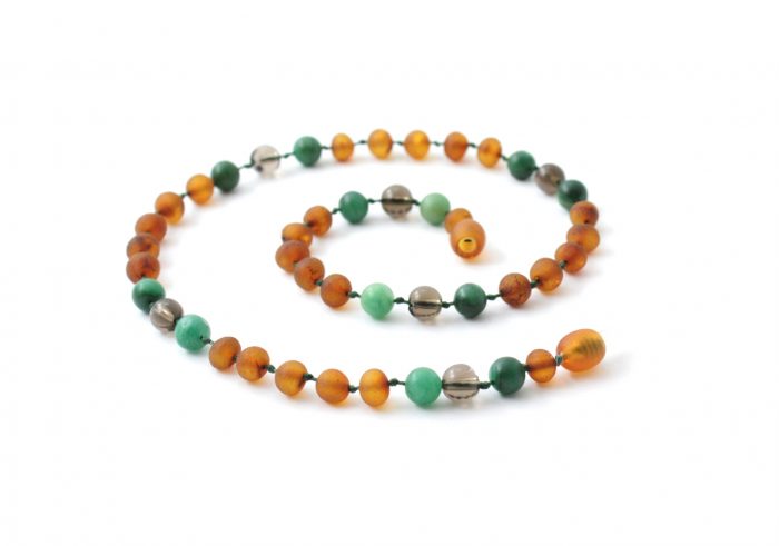 Barnsteen Peuterketting 32 cm - ongepolijst cognac amber, rookkwarts, afrikaanse jade - Afbeelding 2