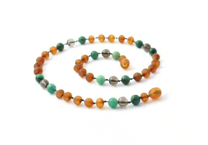Barnsteen Kinderketting 36 cm - ongepolijst cognac amber, rookkwarts, afrikaanse jade - Afbeelding 2