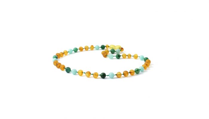 Barnsteen Peuterketting 32 cm - ongepolijst honey amber, amazoniet, afrikaanse jade
