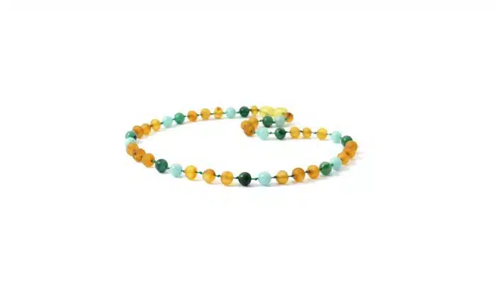 Barnsteen Kinderketting 36 cm - ongepolijst honey amber, amazoniet, afrikaanse jade