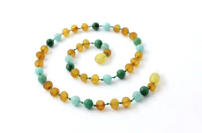 Barnsteen Kinderketting 36 cm - ongepolijst honey amber, amazoniet, afrikaanse jade - Afbeelding 2