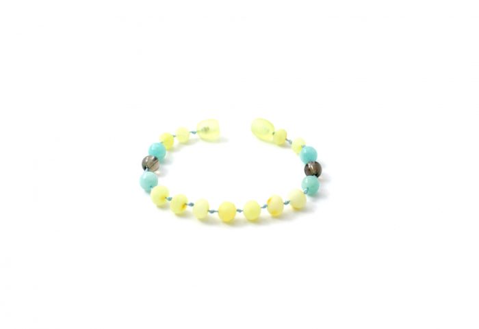 Barnsteen Baby Enkelbandje 14 cm - ongepolijst milky amber, rookkwarts, amazoniet - Afbeelding 2