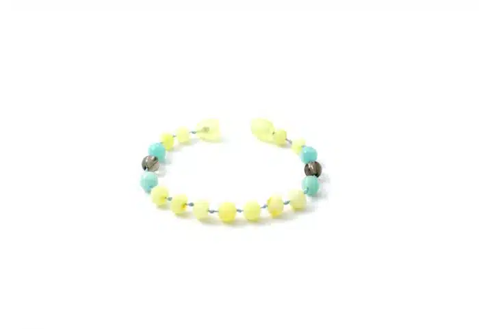 Barnsteen Baby Enkelbandje 14 cm - ongepolijst milky amber, rookkwarts, amazoniet - Afbeelding 2