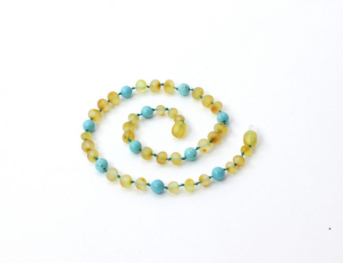 Barnsteen Peuter Ketting 32 cm - ongepolijst milky amber, turquoise - Afbeelding 2