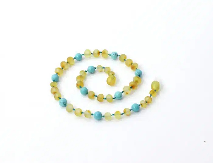 Barnsteen Kinderketting 36 cm - ongepolijst milky amber, turquoise - Afbeelding 2