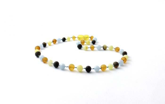 Barnsteen Peuterketting 32 cm - ongepolijst multicolor amber, aquamarijn