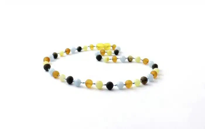 Barnsteen Kinderketting 36 cm - ongepolijst multicolor amber, aquamarijn