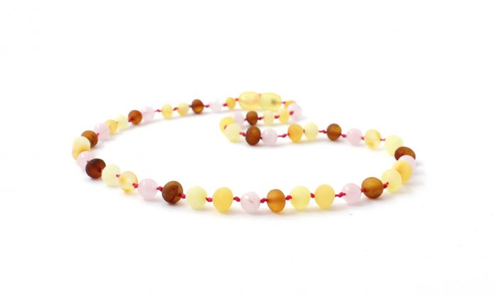 Barnsteen Kinderketting 36 cm - ongepolijst multicolor amber, rozenkwarts