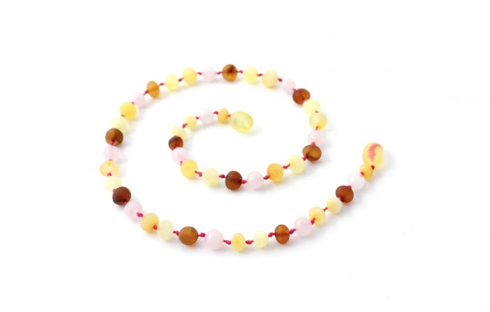 Barnsteen Kinderketting 36 cm - ongepolijst multicolor amber, rozenkwarts - Afbeelding 2