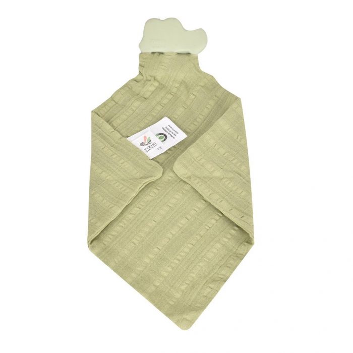 backside of crocodile teether and muslin