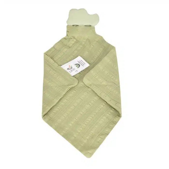 backside of crocodile teether and muslin