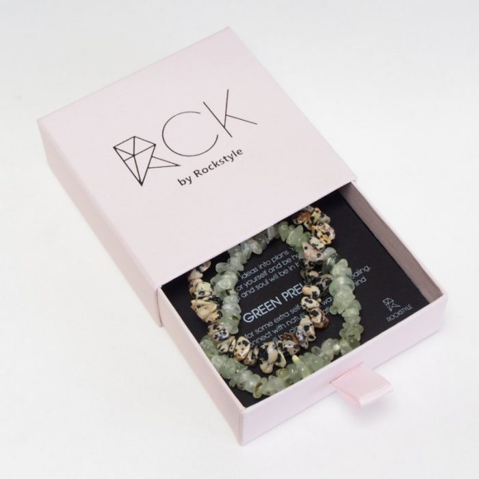 rockstyle amrband prehnite & dalmatian jasper verpakking