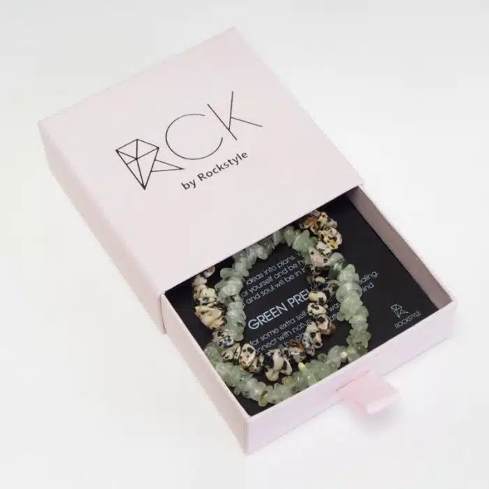 rockstyle amrband prehnite & dalmatian jasper verpakking