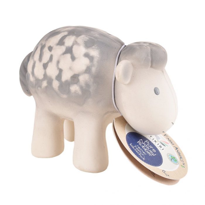 grey and white sheep teething toy with label