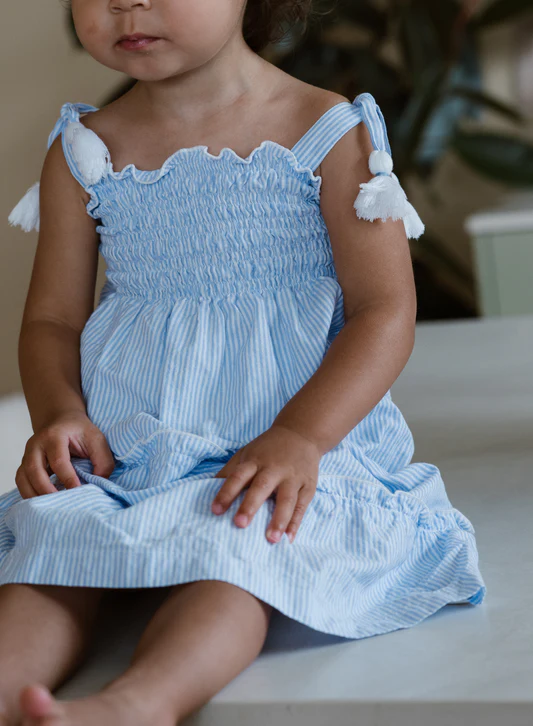 Navy Natural Ruffle Dress – Blue Stripe